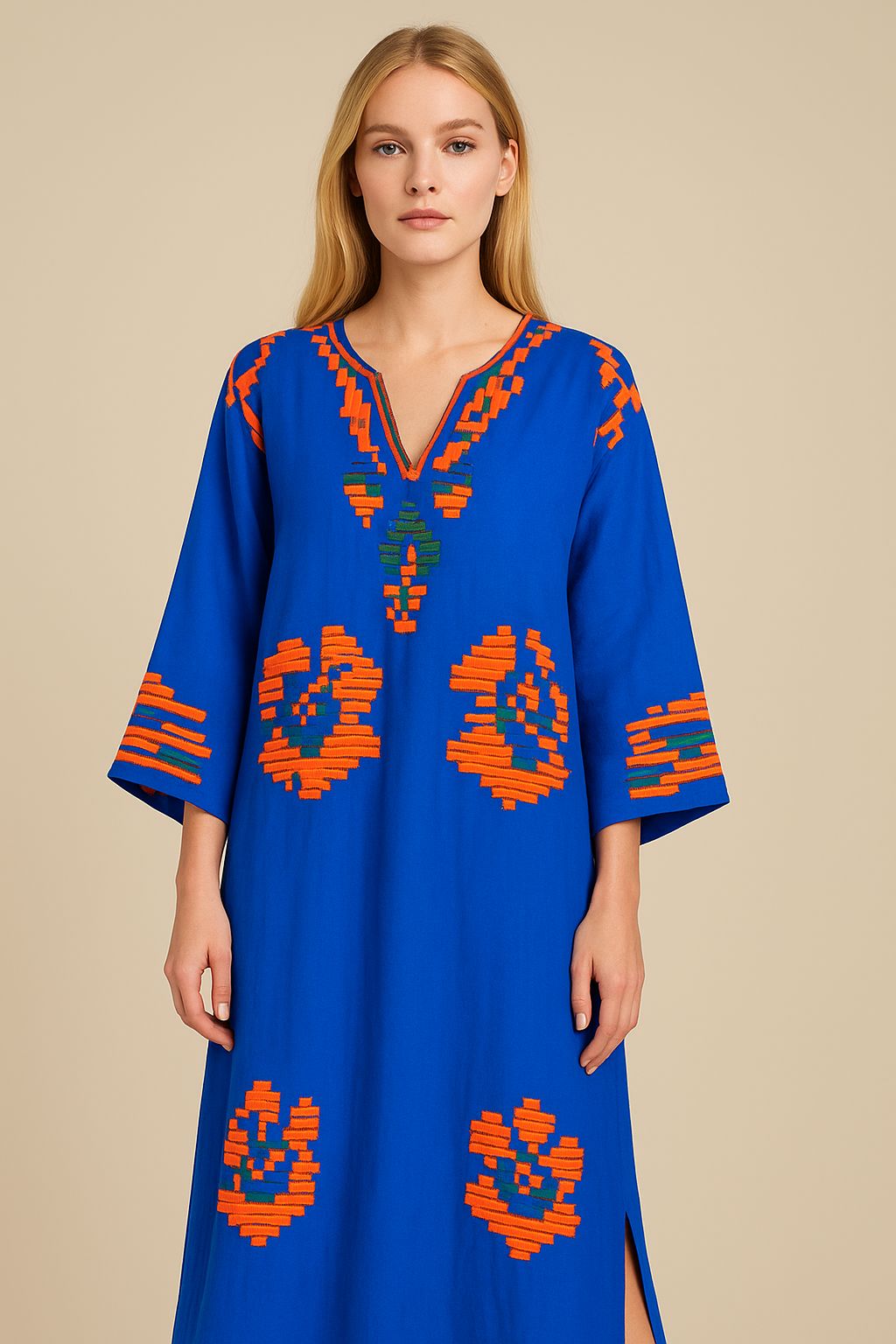 Robe Lin Brodée Bleue